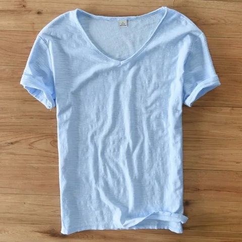 100% Cotton Short Sleeve V-Neck T Shirt Men Solid White Men T-Shirt Summer Comfortable and Breathable Soft Tshirt Mens Camiseta