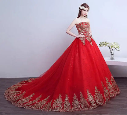 2026 New Ball Gown Lace Tulle Red Wedding Dress With Tail Chinese Pattern Style Cheap China Embroidery Bridal Gown Customized