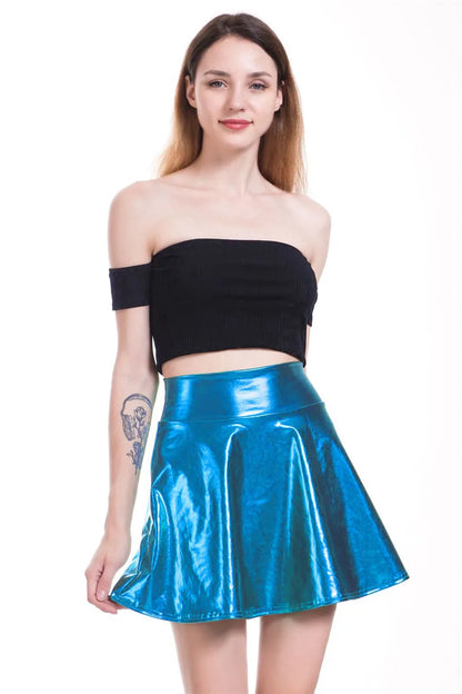 PU Shiny Metallic Color Sexy Bodycon Mini Skirts Women High Waist A-line Flare Skirt New Fashion Summer Streetwear Short Skirts