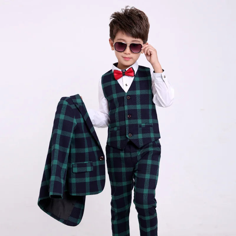 Flower Boys Formal School Suits for Weddings Boys Brand Plaid Blazer Vest Pants 3pcs Tuxedo Kids Prom Party Dress Clothing Sets