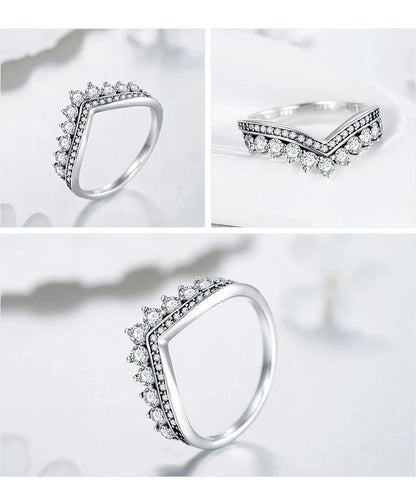 Fashion 100% Real 925 Sterling Zircon Crown Finger Ring Classic Stackable Silver Jewelry For Women Wedding Christmas Gift
