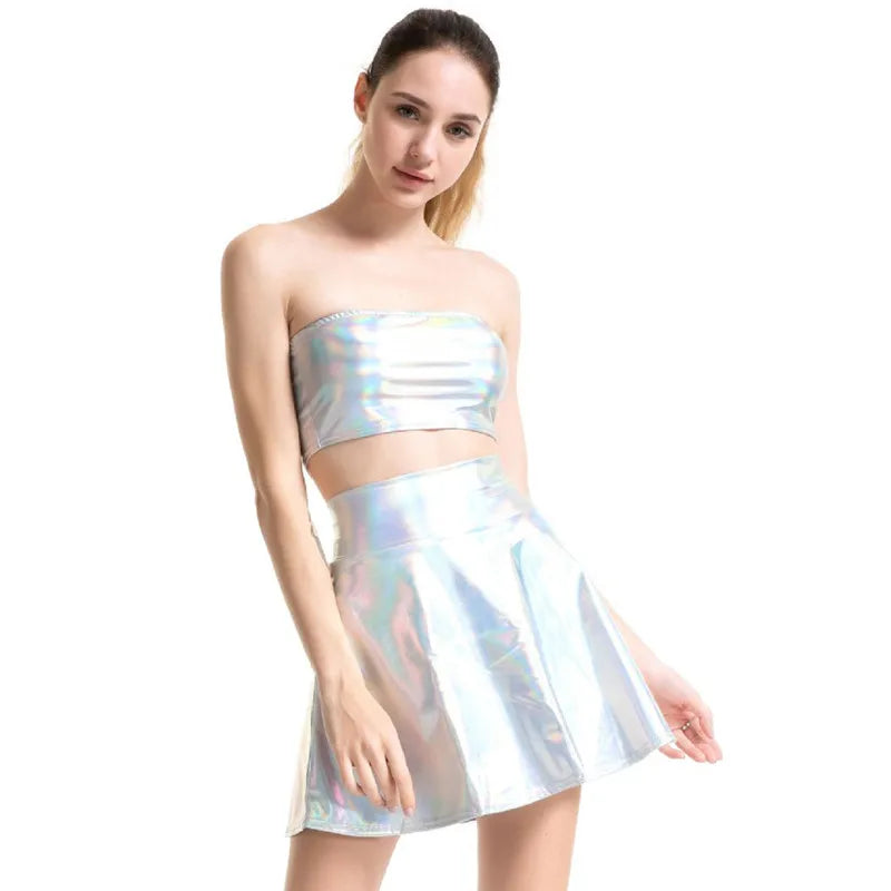 PU Shiny Metallic Color Sexy Bodycon Mini Skirts Women High Waist A-line Flare Skirt New Fashion Summer Streetwear Short Skirts