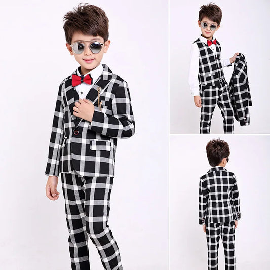 Flower Boys Formal School Suits for Weddings Boys Brand Plaid Blazer Vest Pants 3pcs Tuxedo Kids Prom Party Dress Clothing Sets