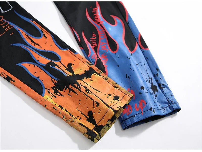 Men's Fashion Letters Flame Black Printed Jeans Slim Straight Colored Painted Stretch Pants