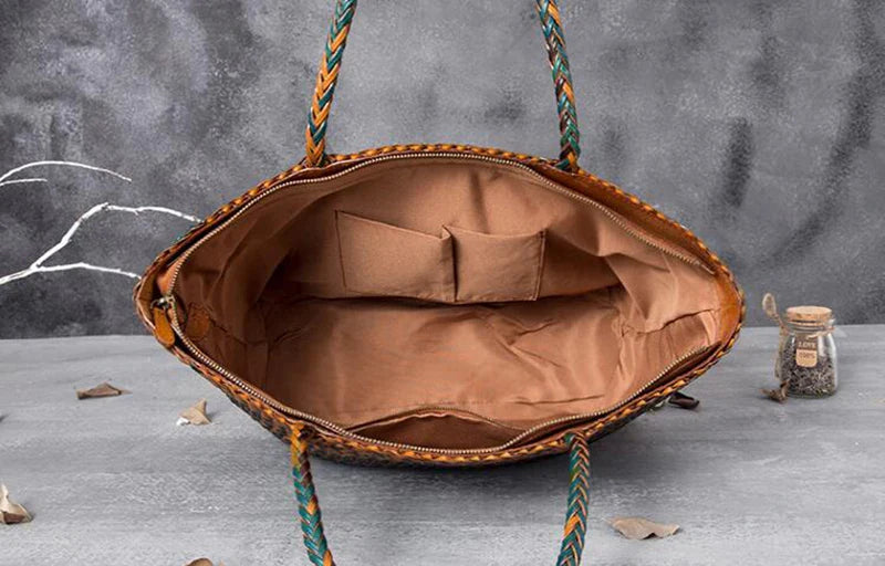 Women Leather Handbag Romantic Big Handmade Woven Totes Female Cowhide Big Holiday Bucket Bag Causal Beach Shoulder Handbags