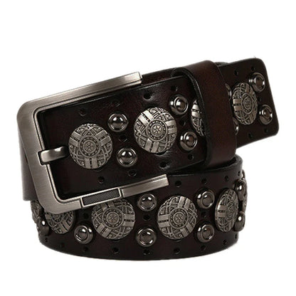 Hip Hop Metal Round Rivet Cowboy Belt Genuine Leather Cowskin Men Belt Punk Big Rivet Jeans Studded Belts For Men Ceinture Homme