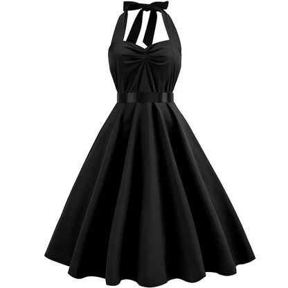 Sexy Retro White Polka Dot Dress Hepburn Vintage Halter Party Dress 50s 60s Pin Up Rockabilly Robe