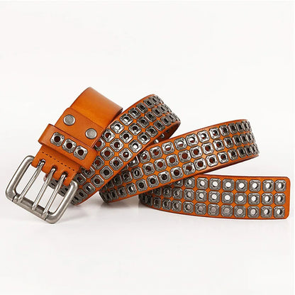 3 Needles Heavy Metal Cowboy Punk Belt Real Genuine Leather Hip Hop Belts Men Cross Square Rivet Jeans Belt Male Strap Studded