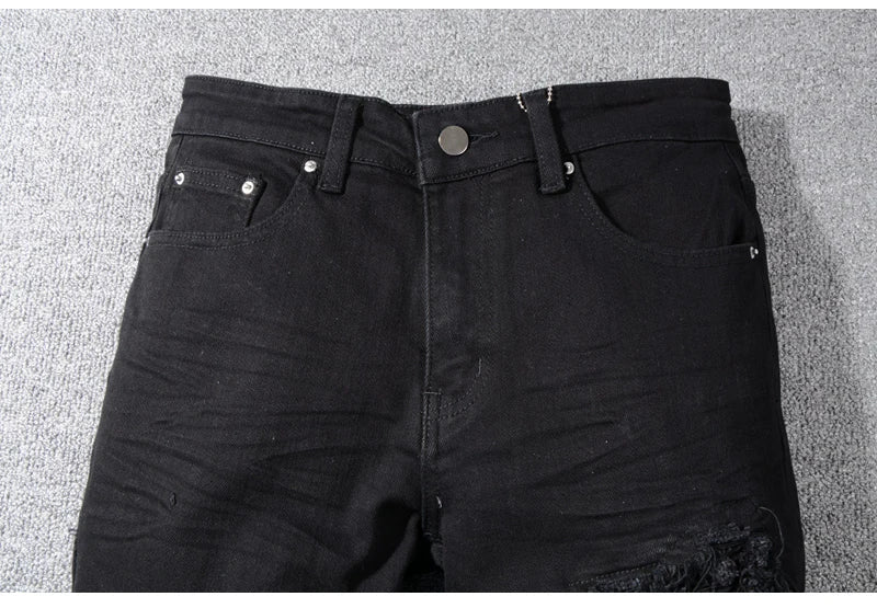 Sokotoo Men's Black Patchwork Stretch Denim Biker Jeans for Motorcycle Slim Fit Skinny Ripped Pencil Pants