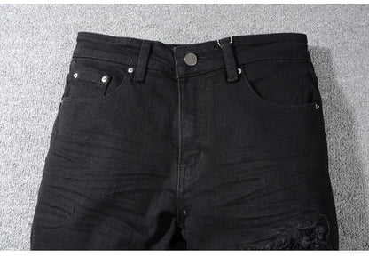 Sokotoo Men's Black Patchwork Stretch Denim Biker Jeans for Motorcycle Slim Fit Skinny Ripped Pencil Pants