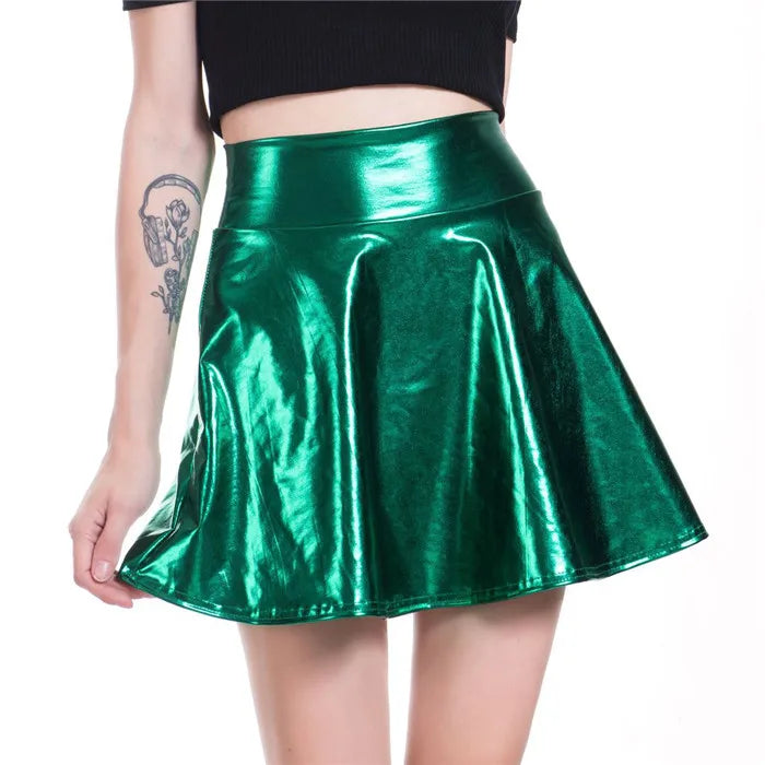 PU Shiny Metallic Color Sexy Bodycon Mini Skirts Women High Waist A-line Flare Skirt New Fashion Summer Streetwear Short Skirts