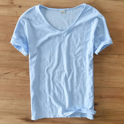 100% Cotton Short Sleeve V-Neck T Shirt Men Solid White Men T-Shirt Summer Comfortable and Breathable Soft Tshirt Mens Camiseta