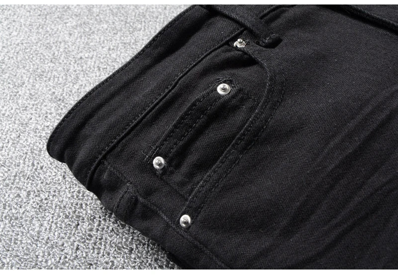 Sokotoo Men's Black Patchwork Stretch Denim Biker Jeans for Motorcycle Slim Fit Skinny Ripped Pencil Pants