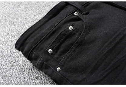 Sokotoo Men's Black Patchwork Stretch Denim Biker Jeans for Motorcycle Slim Fit Skinny Ripped Pencil Pants