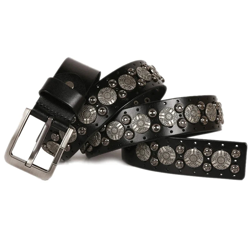 Hip Hop Metal Round Rivet Cowboy Belt Genuine Leather Cowskin Men Belt Punk Big Rivet Jeans Studded Belts For Men Ceinture Homme