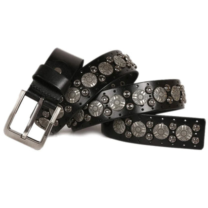 Hip Hop Metal Round Rivet Cowboy Belt Genuine Leather Cowskin Men Belt Punk Big Rivet Jeans Studded Belts For Men Ceinture Homme