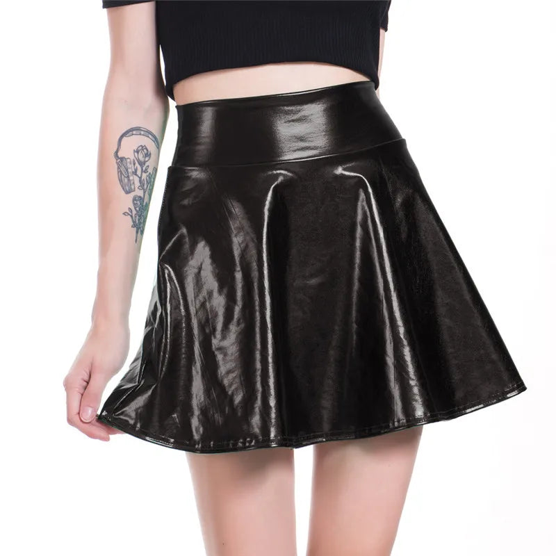 PU Shiny Metallic Color Sexy Bodycon Mini Skirts Women High Waist A-line Flare Skirt New Fashion Summer Streetwear Short Skirts