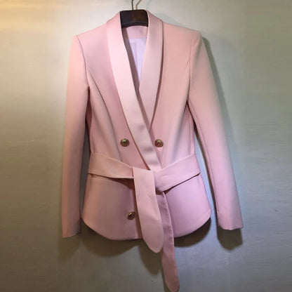 HIGH STREET Newest Fashion 2026 Designer Blazer Women's Shawl Collar Double Breasted Metal Buttons Belt Blazer Jacket