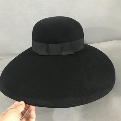 Retro Style Black Pure Wool Felt Floppy Hat Wide Brim Women Winter Fedora Cloche Bowler Hat Ribbon Band Wedding Party Church Hat