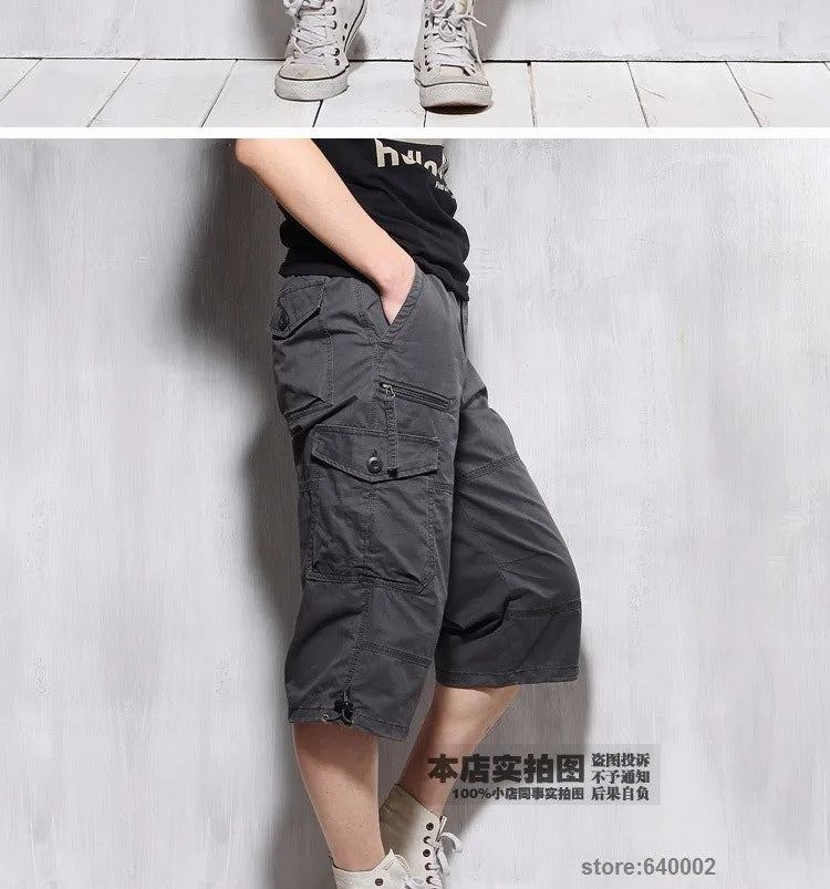 Male Shorts Multi Pocket Summer Loose Zipper Breeches Khaki Grey Plus Size Short Pant Casual Cotton Black Long Mens Cargo Shorts