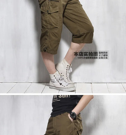 Male Shorts Multi Pocket Summer Loose Zipper Breeches Khaki Grey Plus Size Short Pant Casual Cotton Black Long Mens Cargo Shorts
