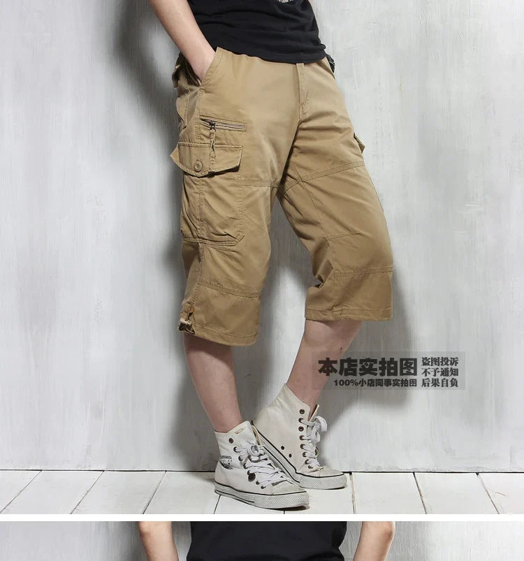 Male Shorts Multi Pocket Summer Loose Zipper Breeches Khaki Grey Plus Size Short Pant Casual Cotton Black Long Mens Cargo Shorts