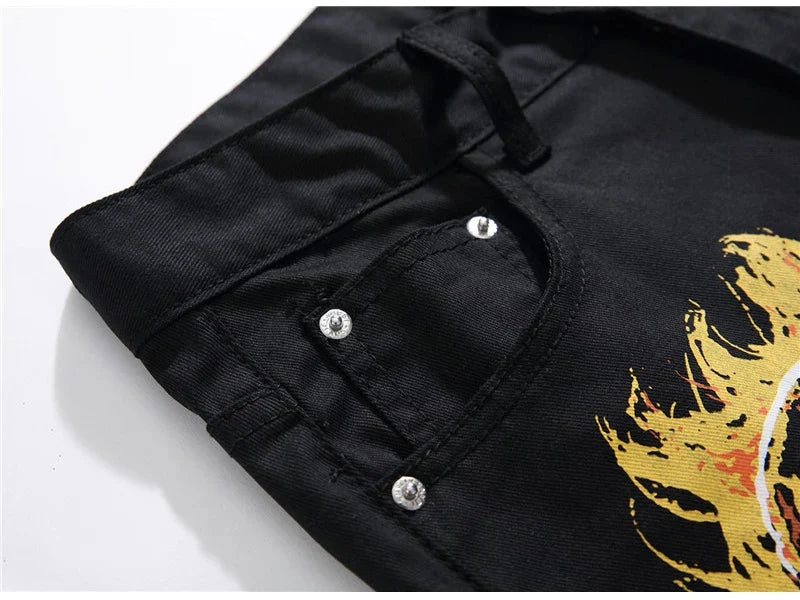 Men's Fashion Letters Flame Black Printed Jeans Slim Straight Colored Painted Stretch Pants