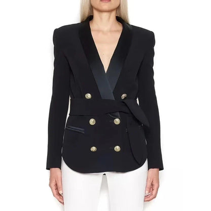 HIGH STREET Newest Fashion 2026 Designer Blazer Women's Shawl Collar Double Breasted Metal Buttons Belt Blazer Jacket
