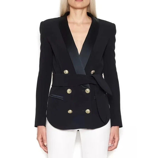 HIGH STREET Newest Fashion 2026 Designer Blazer Women's Shawl Collar Double Breasted Metal Buttons Belt Blazer Jacket