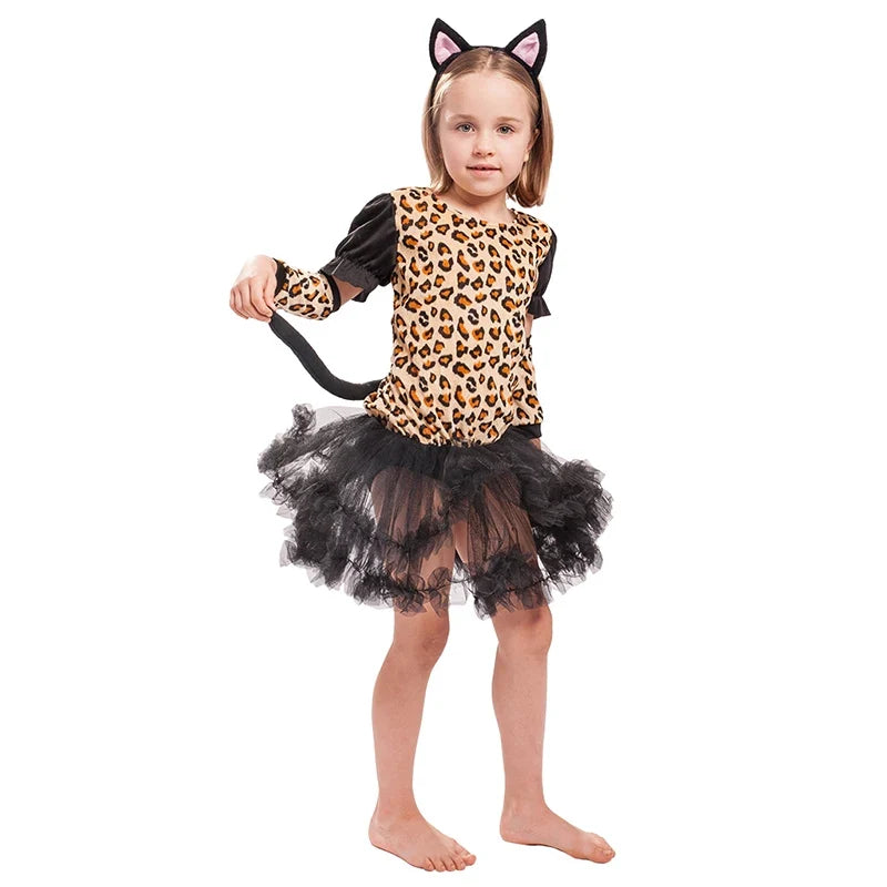 Cute Cartoon Animal Cosplay Girls Tiger Leopard Dress Halloween costume for Girl Christmas Carnival Outfit Headband