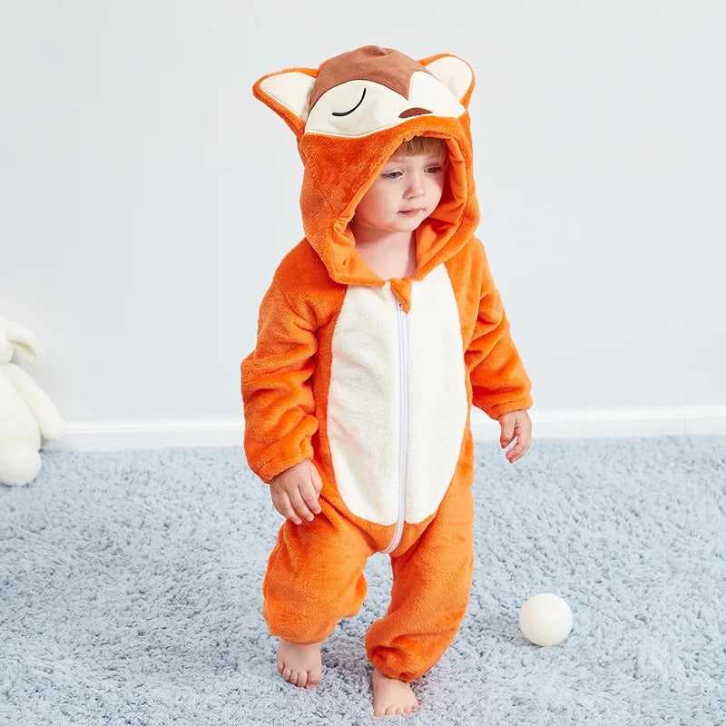 Winter Baby Rompers Baby Pijamas Panda Tiger Leopard Monkey Fox Animal Cartoon Hooded Jumpsuits Cosplay Costume Boys Girl Pajama