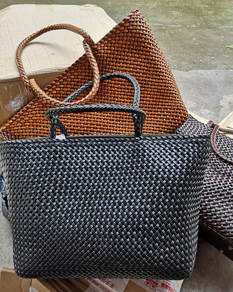 Women Leather Handbag Romantic Big Handmade Woven Totes Female Cowhide Big Holiday Bucket Bag Causal Beach Shoulder Handbags