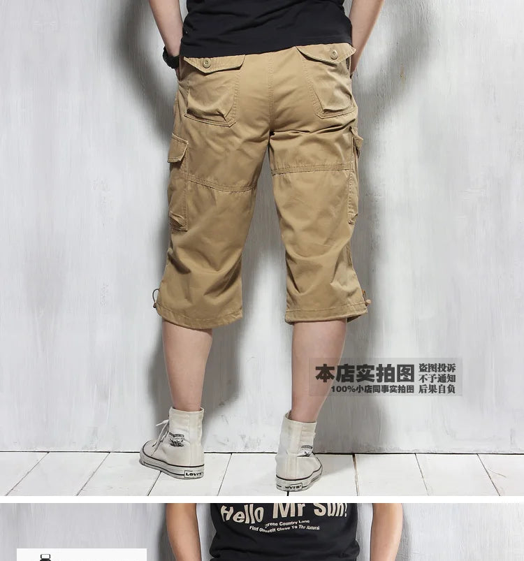 Male Shorts Multi Pocket Summer Loose Zipper Breeches Khaki Grey Plus Size Short Pant Casual Cotton Black Long Mens Cargo Shorts