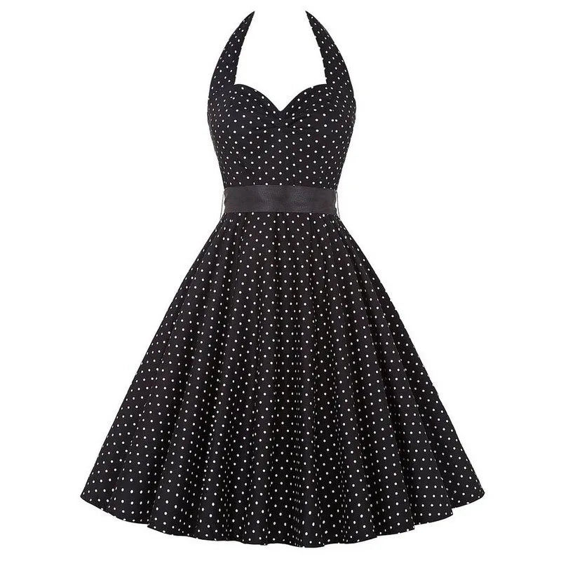 Sexy Retro White Polka Dot Dress Hepburn Vintage Halter Party Dress 50s 60s Pin Up Rockabilly Robe