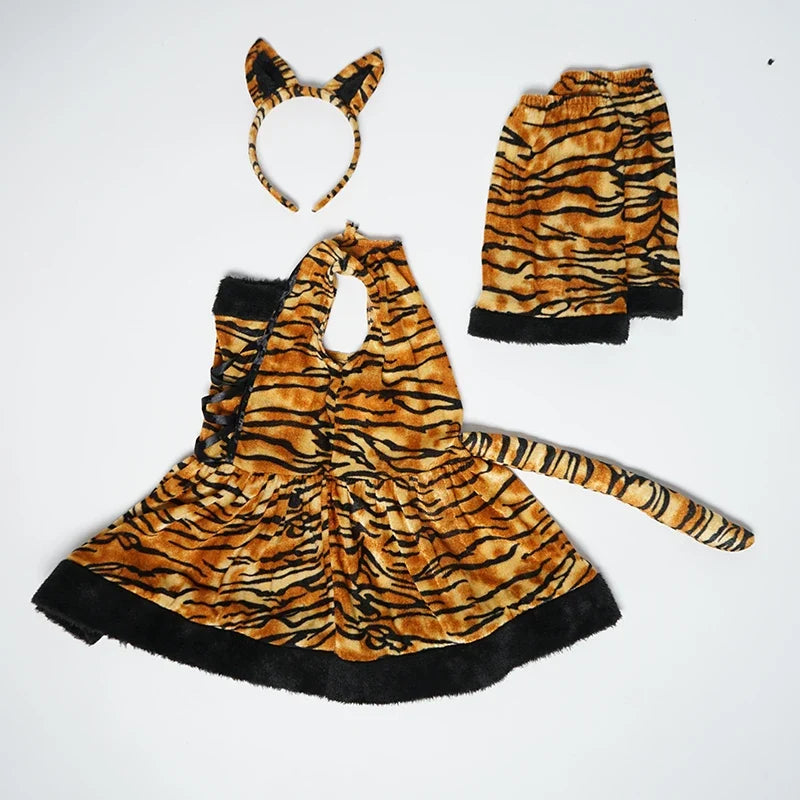 Cute Cartoon Animal Cosplay Girls Tiger Leopard Dress Halloween costume for Girl Christmas Carnival Outfit Headband