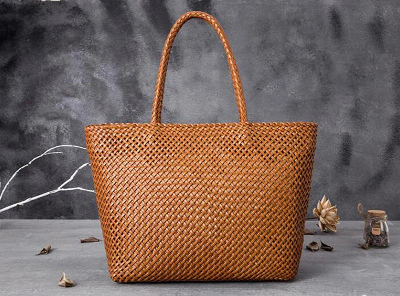 Women Leather Handbag Romantic Big Handmade Woven Totes Female Cowhide Big Holiday Bucket Bag Causal Beach Shoulder Handbags