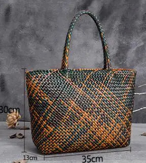 Women Leather Handbag Romantic Big Handmade Woven Totes Female Cowhide Big Holiday Bucket Bag Causal Beach Shoulder Handbags