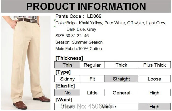 Men Pants Thin Summer Cotton Straight Trousers Plus Size 40 42 44 46 Business Hombre Beige Grey Dark Blue Office Formal Pantolon