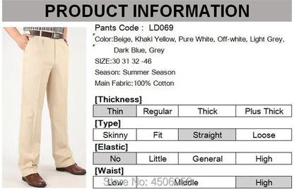 Men Pants Thin Summer Cotton Straight Trousers Plus Size 40 42 44 46 Business Hombre Beige Grey Dark Blue Office Formal Pantolon
