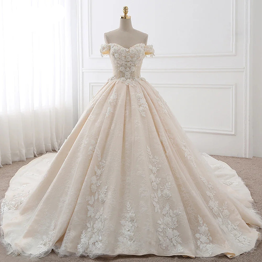 Customized Royal Train Beaded Sweetheart Ball Gown Wedding Dresses Appliques Flowers Vintage Lace Bride Gowns Vestido De Noiva