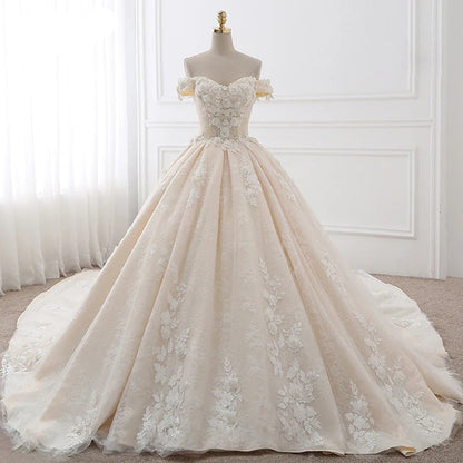 Customized Royal Train Beaded Sweetheart Ball Gown Wedding Dresses Appliques Flowers Vintage Lace Bride Gowns Vestido De Noiva