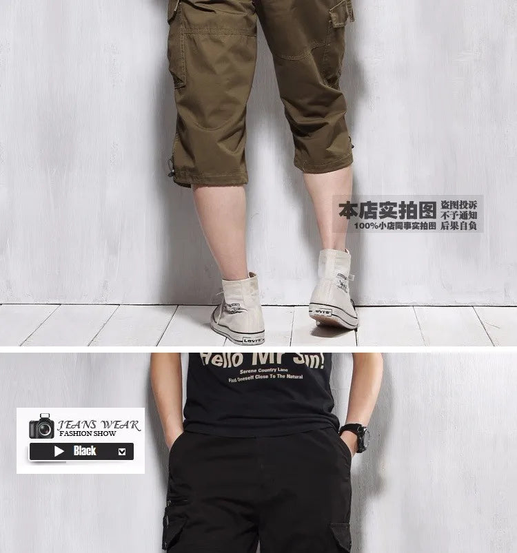 Male Shorts Multi Pocket Summer Loose Zipper Breeches Khaki Grey Plus Size Short Pant Casual Cotton Black Long Mens Cargo Shorts