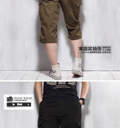 Male Shorts Multi Pocket Summer Loose Zipper Breeches Khaki Grey Plus Size Short Pant Casual Cotton Black Long Mens Cargo Shorts