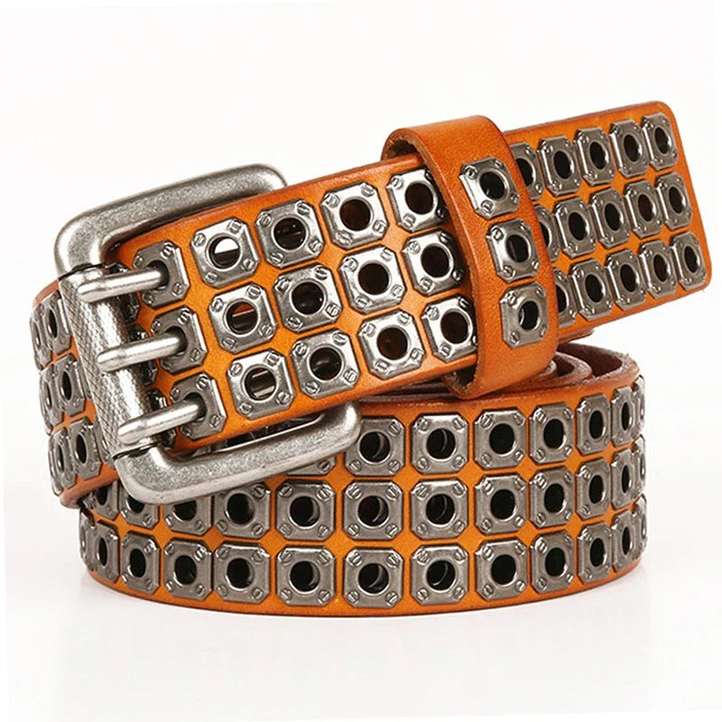 3 Needles Heavy Metal Cowboy Punk Belt Real Genuine Leather Hip Hop Belts Men Cross Square Rivet Jeans Belt Male Strap Studded