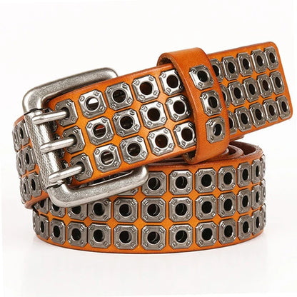 3 Needles Heavy Metal Cowboy Punk Belt Real Genuine Leather Hip Hop Belts Men Cross Square Rivet Jeans Belt Male Strap Studded