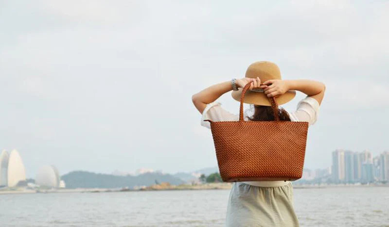 Women Leather Handbag Romantic Big Handmade Woven Totes Female Cowhide Big Holiday Bucket Bag Causal Beach Shoulder Handbags