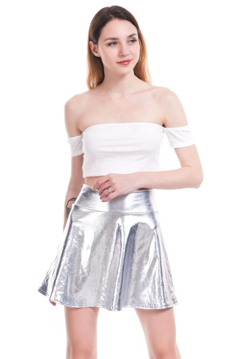 PU Shiny Metallic Color Sexy Bodycon Mini Skirts Women High Waist A-line Flare Skirt New Fashion Summer Streetwear Short Skirts
