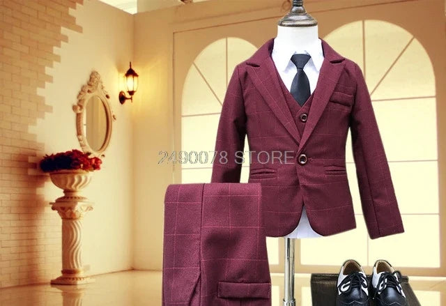 Flower Boys Formal School Suits for Weddings Boys Brand Plaid Blazer Vest Pants 3pcs Tuxedo Kids Prom Party Dress Clothing Sets