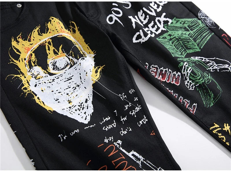 Men's Fashion Letters Flame Black Printed Jeans Slim Straight Colored Painted Stretch Pants