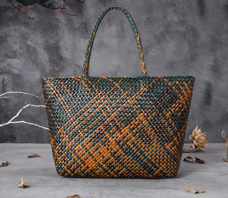 Women Leather Handbag Romantic Big Handmade Woven Totes Female Cowhide Big Holiday Bucket Bag Causal Beach Shoulder Handbags